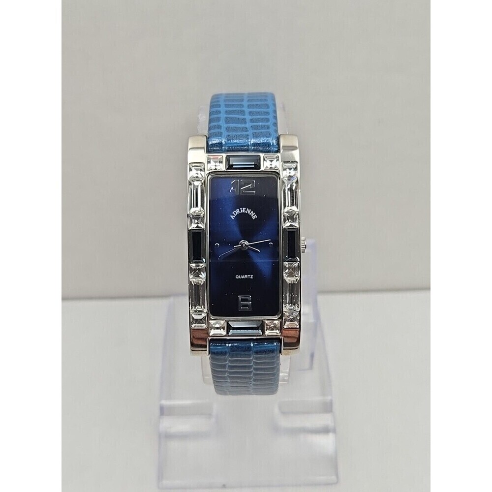 Adrienne Crystal Bezel Blue Alligator Leather Strap Womens Watch New Battery
